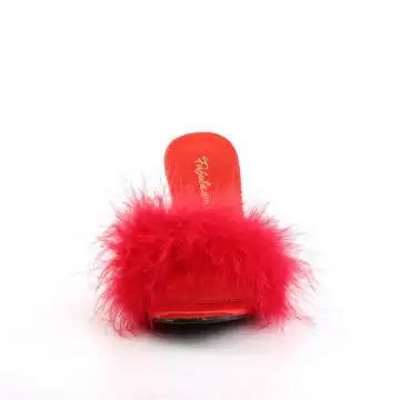 Červené pantofle na podpatku s chmýřím AMO03/RPU | AMOUR-03 Fabulicious - zepředu