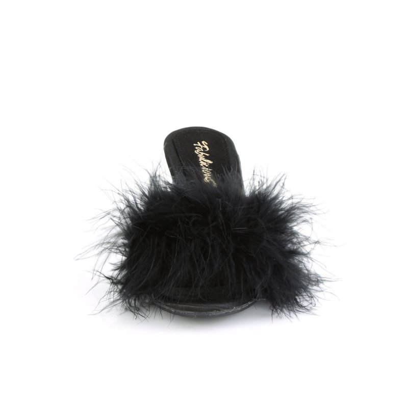 Černé pantofle s chmýřím na nízkém podpatku BEL301F/BPU | BELLE-301F Fabulicious - zepředu