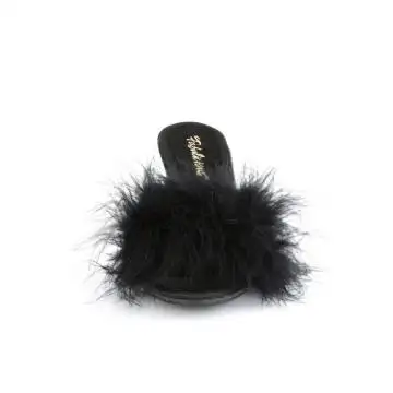 Černé pantofle s chmýřím na nízkém podpatku BEL301F/BPU | BELLE-301F Fabulicious - zepředu