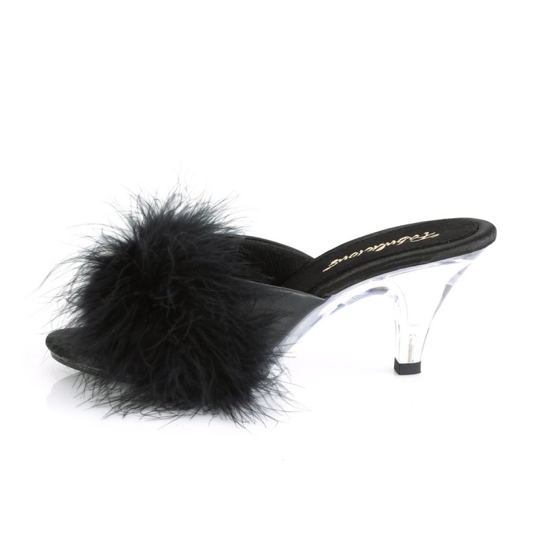 Černé pantofle s chmýřím na nízkém podpatku BEL301F/BPU | BELLE-301F Fabulicious - z vnitřku