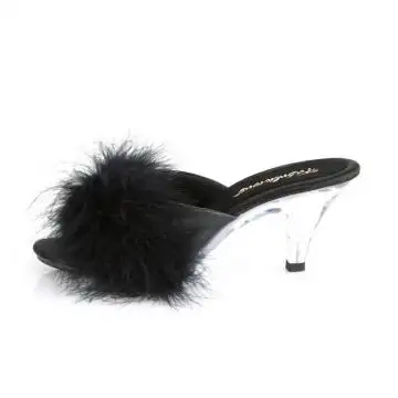 Černé pantofle s chmýřím na nízkém podpatku BEL301F/BPU | BELLE-301F Fabulicious - z vnitřku