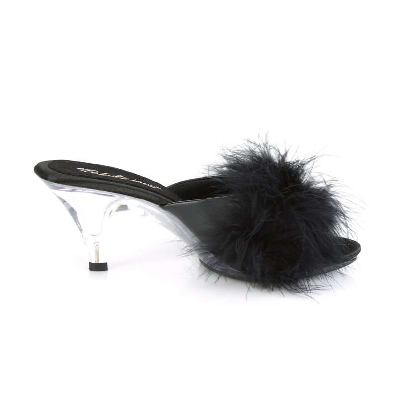 Černé pantofle s chmýřím na nízkém podpatku BEL301F/BPU | BELLE-301F Fabulicious - z vnějšku