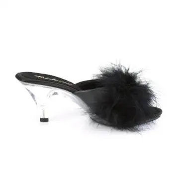 Černé pantofle s chmýřím na nízkém podpatku BEL301F/BPU | BELLE-301F Fabulicious - z vnějšku