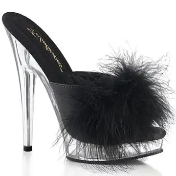 Erotické pantofle na jehle s černým chmýřím SUL601F/BPU | SULTRY-601F Fabulicious