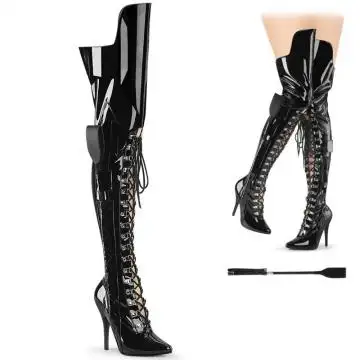 Černé lesklé BDSM kozačky pro dominy SED3082/B | SEDUCE-3082 Pleaser