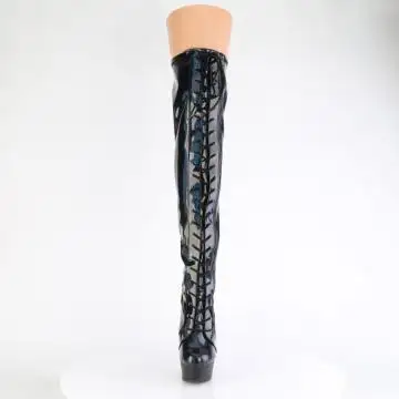 Černé stehenní kozačky s hologramem Pleaser DEL3029/BHG/B | DELIGHT-3029 Pleaser - zepředu