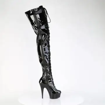 Černé dominantní kozačky na stehna Pleaser DEL4023/B/M | DELIGHT-4023 Pleaser - z vnějšku