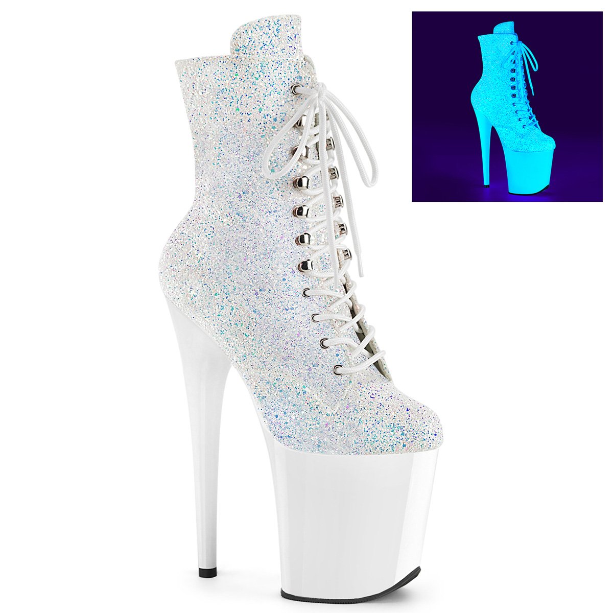 Bílé svítící taneční kozačky Pleaser FLAM1020LG/NWMG/NW | FLAMINGO-1020LG Pleaser