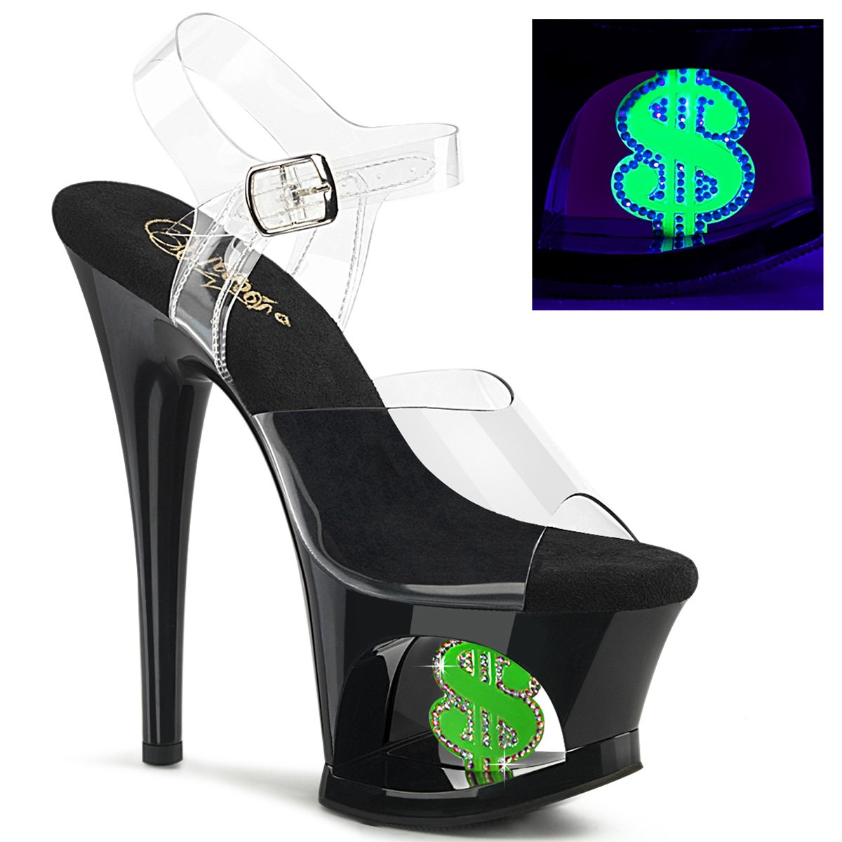 Sandály Pleaser MOON708USD/C/B-NGN se svítícím dolarem | MOON-708USD