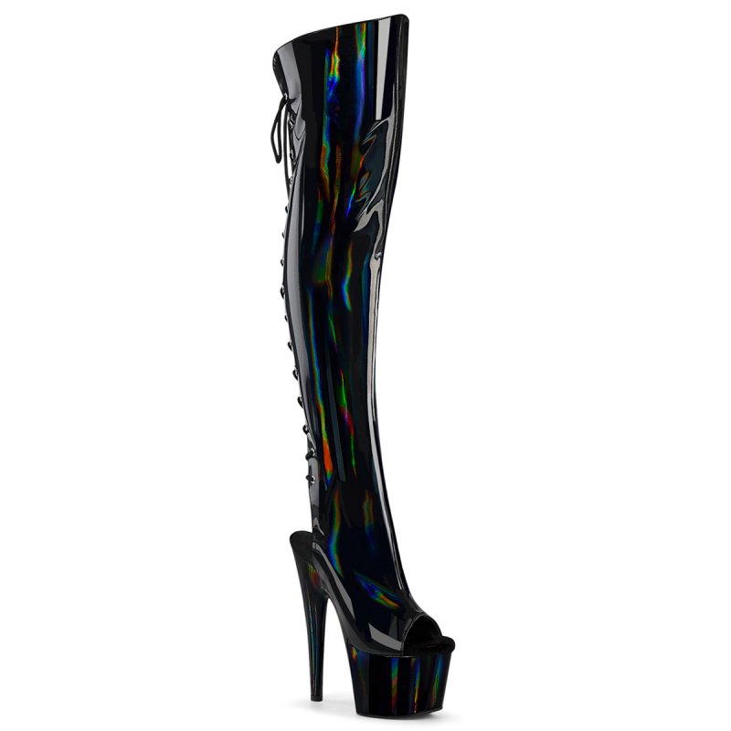 Černé stehenní kozačky s hologramem Pleaser ADO3019HWR/BHG/M | ADORE-3019HWR Pleaser
