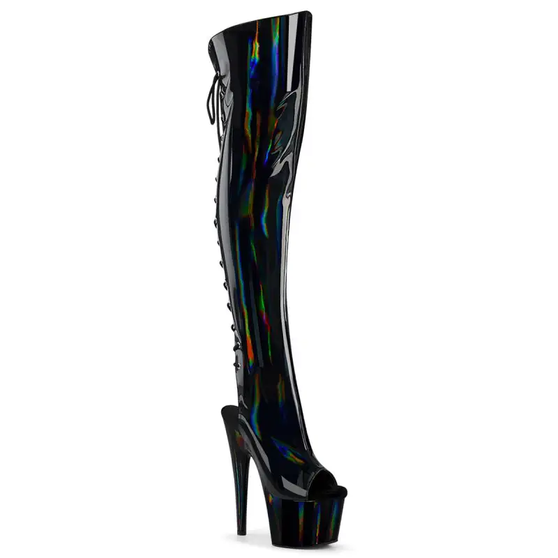 Černé stehenní kozačky s hologramem Pleaser ADO3019HWR/BHG/M