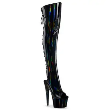 Černé stehenní kozačky s hologramem Pleaser ADO3019HWR/BHG/M | ADORE-3019HWR Pleaser