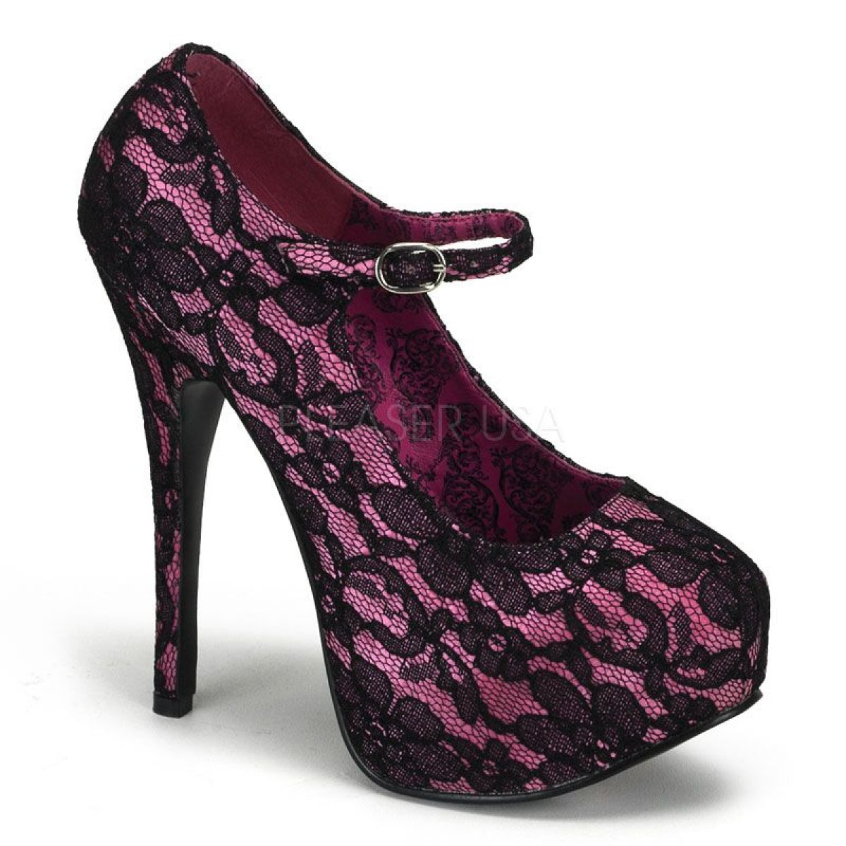 Sexy růžové lodičky TEEZE-07L/HP s černou krajkou | TEEZE-07L Pleaser