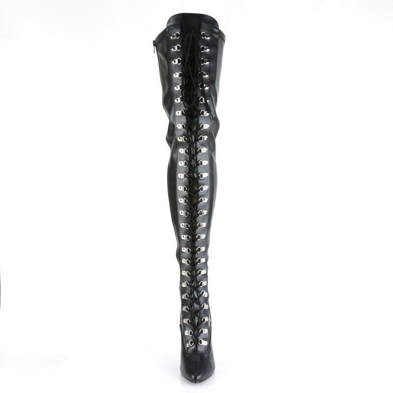Černé matné erotické kozačky na stehna SED3024/B/PU | SEDUCE-3024 Pleaser - zepředu