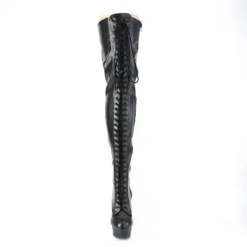 Černé matné erotické kozačky na stehna DEL3023/B/PU | DELIGHT-3023 Pleaser - zepředu