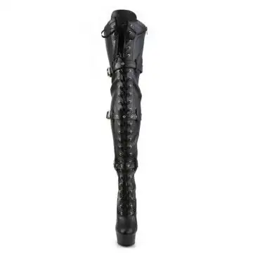 Černé matné erotické kozačky na stehna DEL3028/B/PU | DELIGHT-3028 Pleaser - zepředu