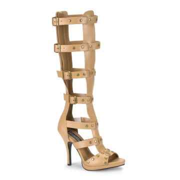 GLADIATOR-208/T/PU sandálky na podpatku s pásky pod kolena tan kůže Pleaser