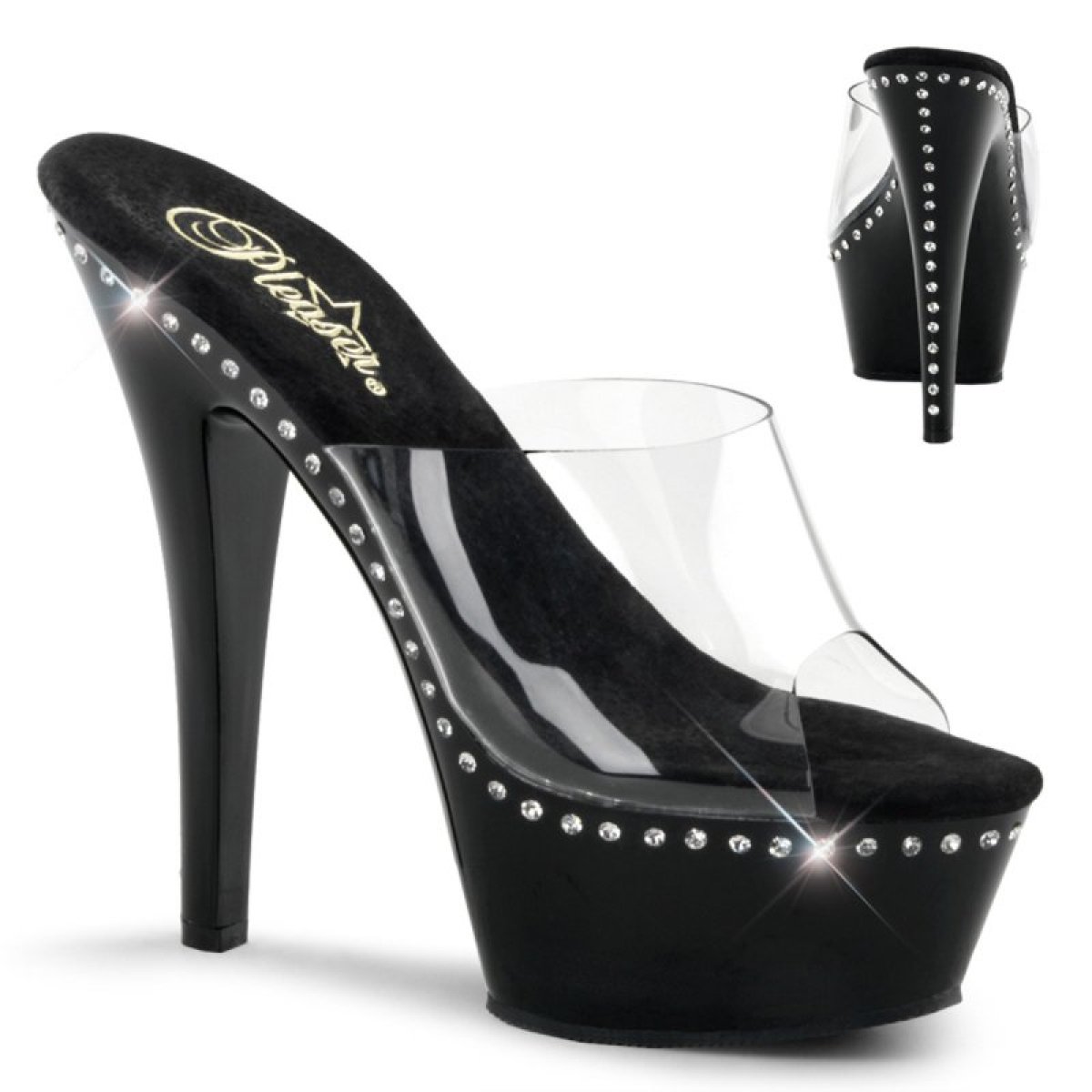 Černé sexy pantofle s ozdobnými kameny Pleaser KISS201LS/C/B | KISS-201LS