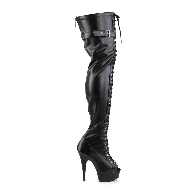 Černé sexy kozačky Pleaser DEL3025/BPU/M vysoké na stehna | DELIGHT-3025 Pleaser - z vnějšku
