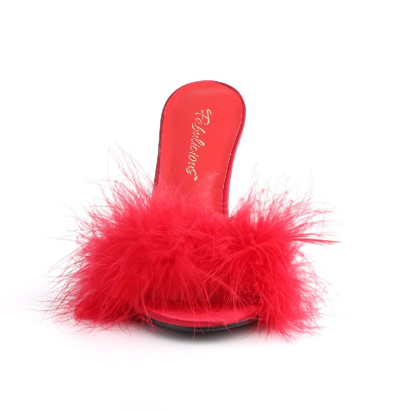 Červené erotické pantofle s chmýřím CLAS01F/RPU-F | CLASSIQUE-01F Fabulicious - zepředu
